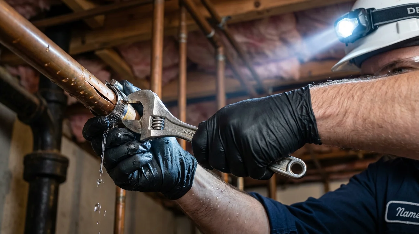 Emergency pipe clamp repair being performed by a Johns Plumbing LLC plumber in Ocoee