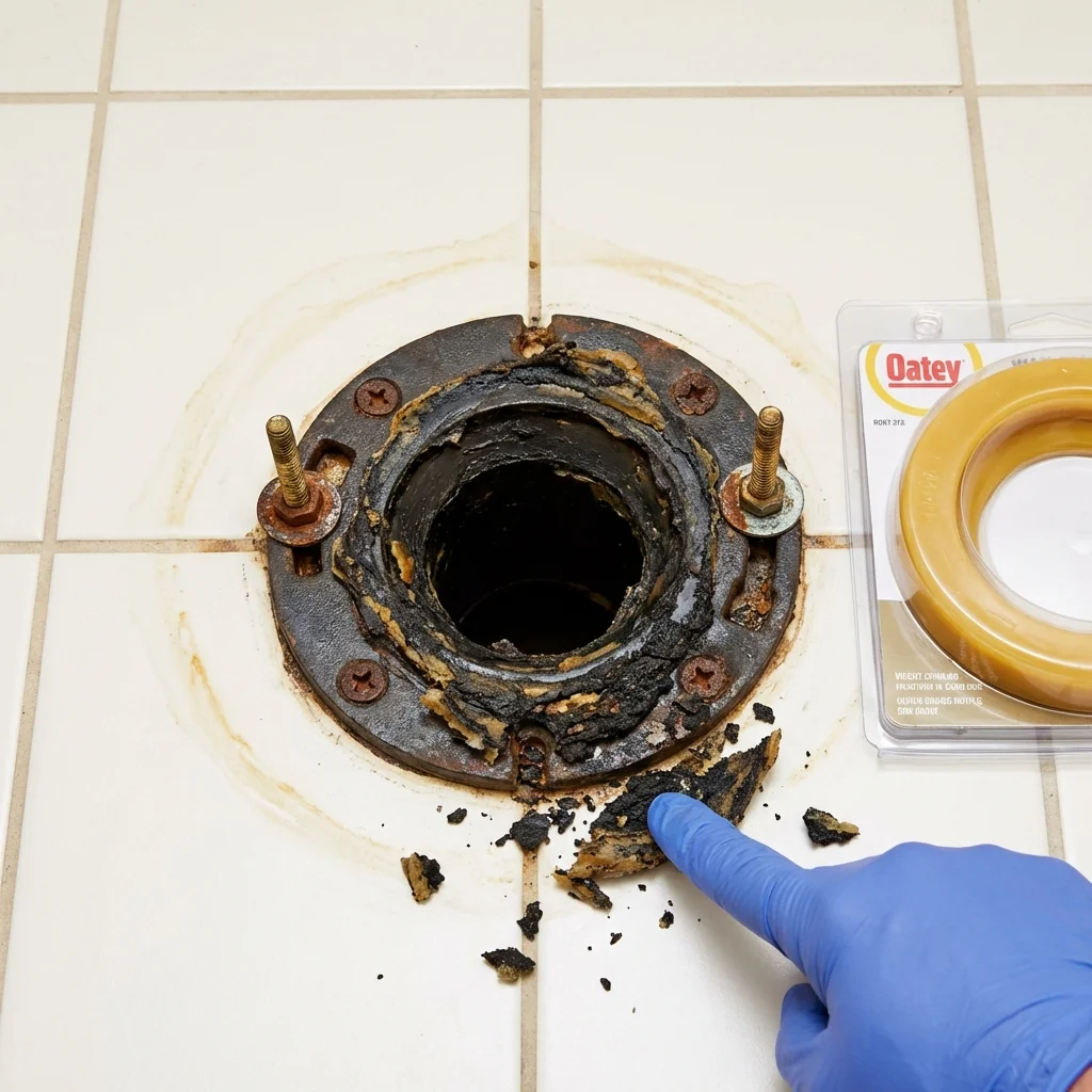Failed wax ring showing water seepage at the base of a toilet in a Ocoee, FL home