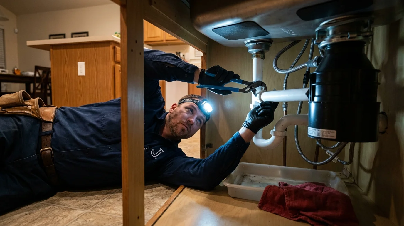 P-trap and supply line connections under a kitchen sink showing a common leak point in Ocoee, FL